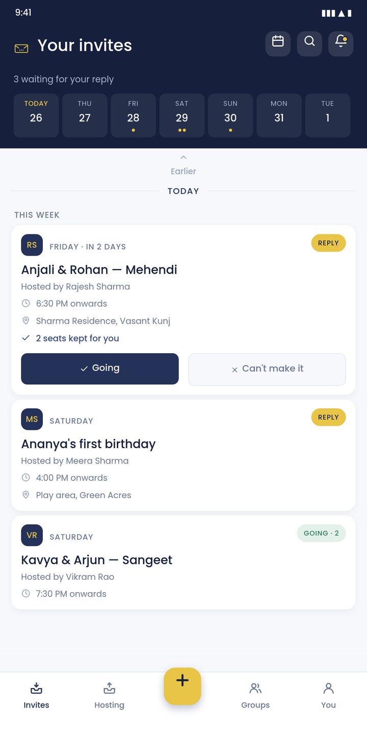 The invites list, showing this week's occasions in order